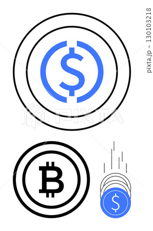 Dollar sign in blue circle, Bitcoin sign in black circle, coins dropping. Ideal for finance, cryptocurrency, digital currency, economy, online transactions investment educational purposes. Line Dollar sign in blue circle, Bitcoin sign in black circle, coins dropping. Ideal for finance, cryptocurrency, digital currency, economy, online transactions investment educational purposes. Line 130103218
