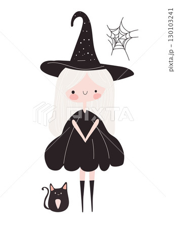 Little witch with cat, girl in black pumpkin costume and sorceress hat for Halloween, holiday masquerade. Cute cartoon vector illustration isolated on white background. Design for invitation, poster 130103241
