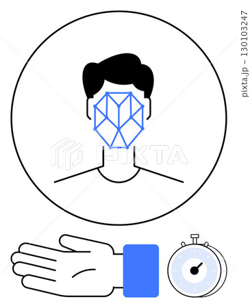 Head with facial recognition mesh, stopwatch, and hand. Ideal for technology, security, time efficiency, biometric identification, authentication AI innovation. Line metaphor 130103247