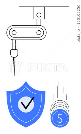 Robotic arm conducting precise operation, blue shield with check mark representing security, coins depicting financial growth. Ideal for industry, security, investment, automation, technology Robotic arm conducting precise operation, blue shield with check mark representing security, coins depicting financial growth. Ideal for industry, security, investment, automation, technology 130103250
