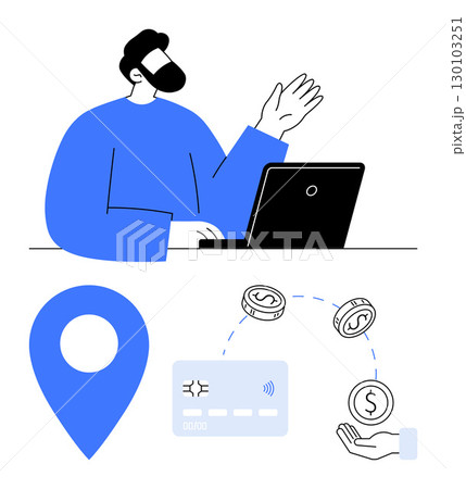 Man working on laptop above map pin, credit card, and currency icons. Ideal for remote work, online transactions, digital payments, financial technology, location services, e-commerce virtual 130103251