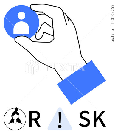 Hand selecting user profile icon. Below, female profile in circle, letters R and SK with triangle between. Ideal for HR, recruitment, decision-making, evaluation risk management warnings. Line 130103255