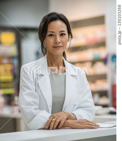 薬局カウンターに立つ薬剤師のプロフェッショナルポートレート（医療 ヘルスケア 人材） 130103268