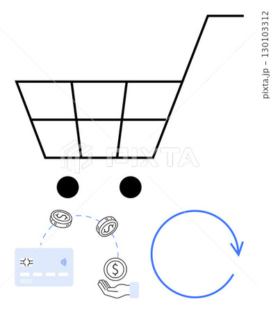 Shopping cart with payment methods, coins, and a recycling arrow. Ideal for e-commerce, payment systems, refunds, digital transactions, shopping apps finance business processes. Line metaphor Shopping cart with payment methods, coins, and a recycling arrow. Ideal for e-commerce, payment systems, refunds, digital transactions, shopping apps finance business processes. Line metaphor 130103312