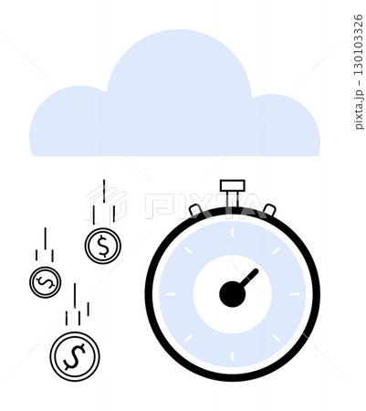 Stopwatch and coins falling from a cloud. Ideal for time management, financial planning, business strategy, efficiency, saving, cloud computing, productivity. Line metaphor 130103326