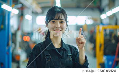 笑顔で指をさして説明する作業服姿の若い女性_整備工場 笑顔で指をさして説明する作業服姿の若い女性_整備工場 130103428