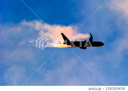 きれいな空・雲をバックに飛行する航空機 130103458