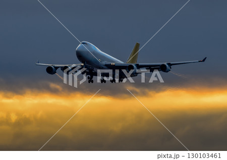 きれいな空・雲をバックに飛行する航空機 130103461