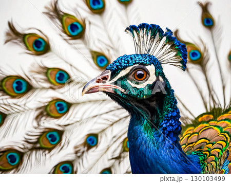 Closeup of a beautiful majestic peacock and the iridescent feathers 130103499