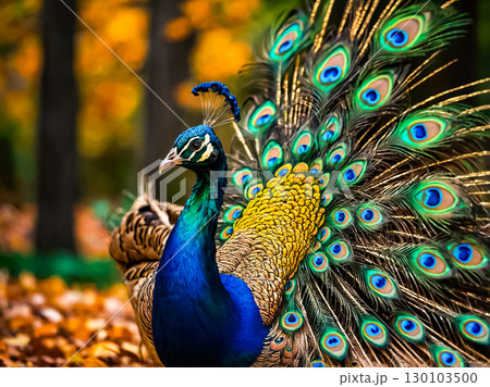 A majestic peacock standing on the ground displays its vibrant plumage in the autumn forest. 130103500