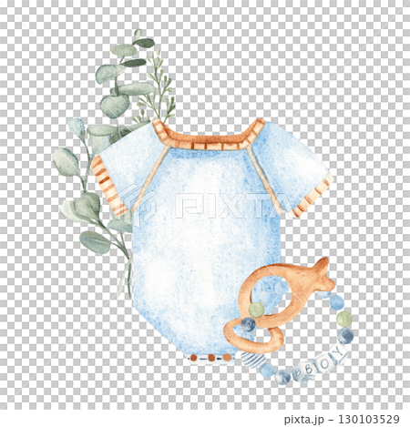 Baby Boy composition in eco style. Bodysuit, Teething ring with letters spelling BOY and eucalyptus floral bouquet. Watercolor hand painted cute kid clothes on a white background. For baby shower, its 130103529