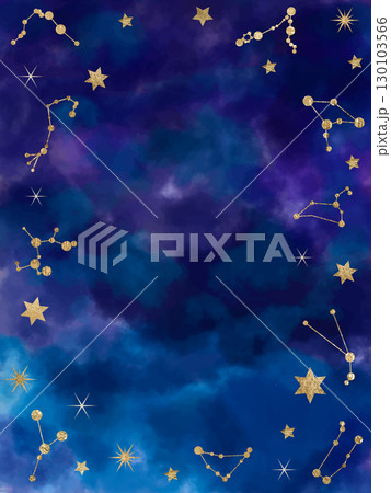 Night sky vector illustration with golden constellations and stars on a deep blue cosmic background. Perfect for zodiac, astrology 130103566