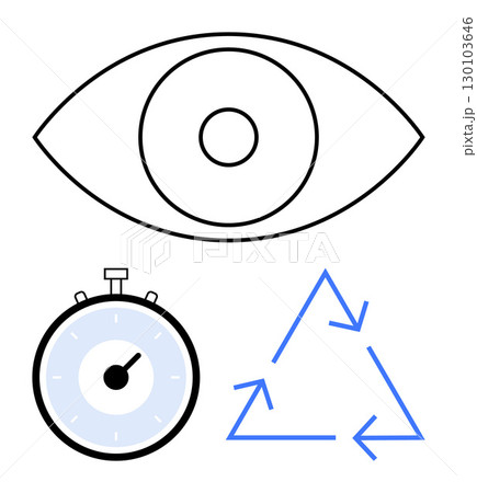 Eye stopwatch and recycling arrows symbolize vision, time management, and sustainability. Ideal for themes of awareness, efficiency, environment, planning, conservation, responsibility 130103646