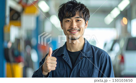 グッドサインを見せる若い男性整備士の笑顔ポートレート グッドサインを見せる若い男性整備士の笑顔ポートレート 130103650