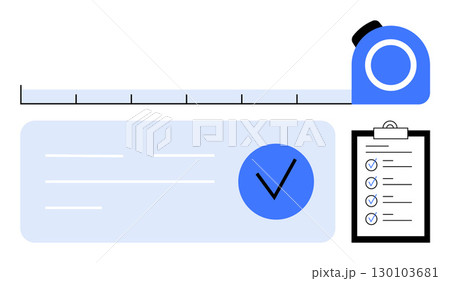Measuring tape above a form with a blue checkmark and a checklist on a clipboard. Ideal for project planning, quality control, task completion, goal setting, productivity, milestone tracking Measuring tape above a form with a blue checkmark and a checklist on a clipboard. Ideal for project planning, quality control, task completion, goal setting, productivity, milestone tracking 130103681
