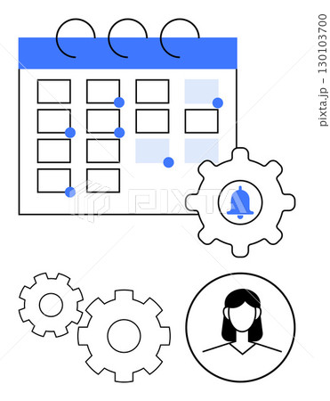 Calendar with blue highlights, marked dates, and scheduling icons beside gear icons and a profile. Ideal for task planning, project management, scheduling, team planning, productivity, organization 130103700