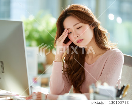デスクワークで疲れた女性のストレス表情　パソコン作業による眼精疲労と疲労感 130103758