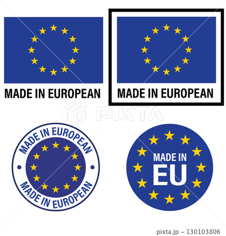 Set of Made in Europe seal, European Union product tag label sign. Made In EU stamp sticker. flat style. 130103806
