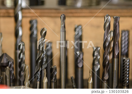 Close-up scene a group drill tools in the tool box. 130103826