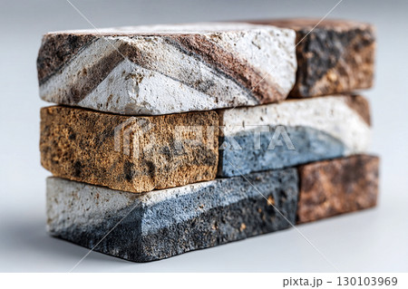 Construction material. Stacked bricks with a trowel and mortar. Close-up. Textured and ready for construction. 130103969