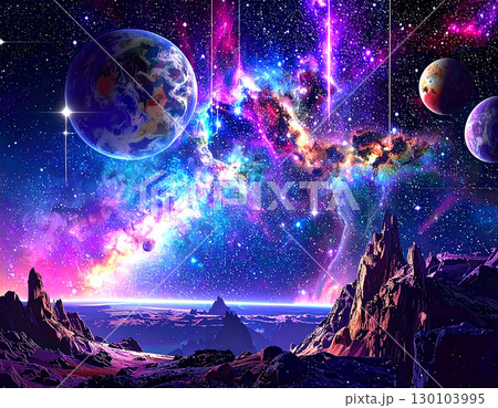 神秘的な宇宙空間に輝く銀河と惑星が織りなす壮大で幻想的な世界 神秘的な宇宙空間に輝く銀河と惑星が織りなす壮大で幻想的な世界 130103995