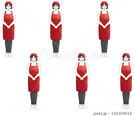 赤エプロンの若いボブヘア女性の表情セット 130104019