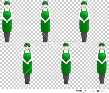 後ろで髪を結んでいる緑エプロンの若い女性の表情セット 130104020