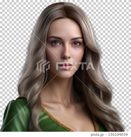 有著金色長波浪發的漂亮模特兒的半身照（透明背景） 130104039