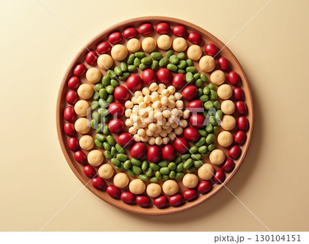 Colorful Assorted Candy Arrangement on Wooden Plate with Circular Pattern Food 130104151