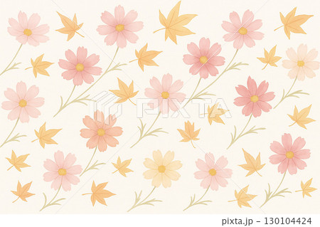 秋の花シリーズ：水彩タッチの秋桜と紅葉の流れ（横長） 130104424