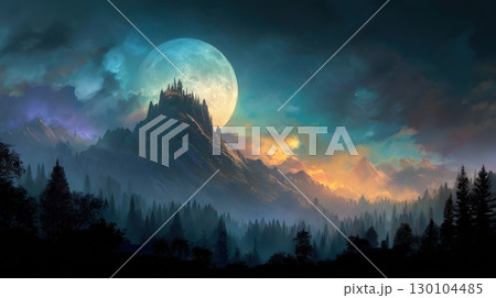 Moonlit Castle on Mountain Peak at Night 130104485