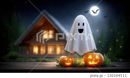 Friendly Ghost and Jack-o-Lanterns on Halloween Night 130104511