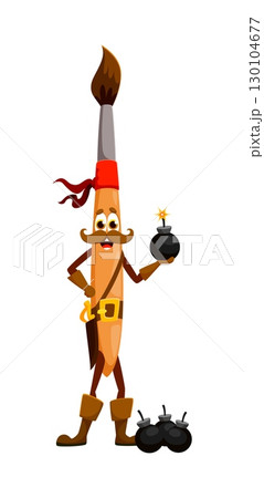 Cartoon paintbrush education school stationery pirate and corsair crew character with bombs. Isolated vector nautical brush tool personage ready to raid and loot, sails the seas in search of adventure 130104677