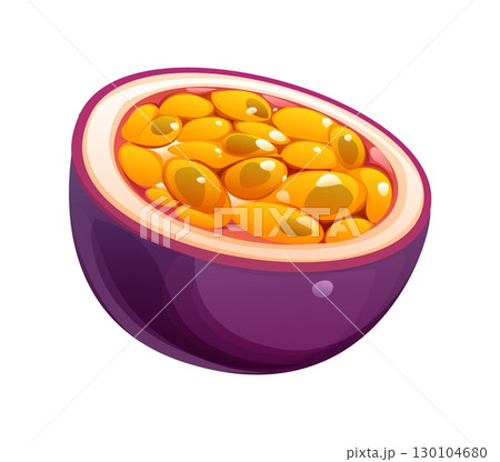 Cartoon tropical ripe raw half passion fruit with purple rind opened to reveal vibrant yellow pulp with shiny seeds. Isolated vector exotic plant showing natural juicy texture. Delicious food dessert 130104680