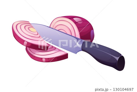Cartoon onion vegetable sliced with kitchen knife utensils. Cooking process of slicing, cook food action scene. Isolated vector red onion bulb cut in rings with sharp blade, fresh food preparation 130104697