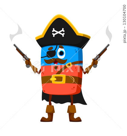 Cartoon eraser education school stationery pirate and corsair crew character with pistols. Isolated vector student tool personage in tricorn hat ready to embark on a playful adventure on the high seas 130104700