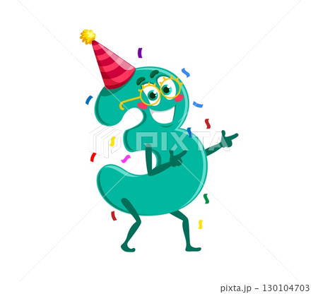 Cartoon funny math number three character birthday holiday party celebration with expressive eyes and big smile. Isolated vector teal digit 3 personage in festive hat, dancing under falling confetti Cartoon funny math number three character birthday holiday party celebration with expressive eyes and big smile. Isolated vector teal digit 3 personage in festive hat, dancing under falling confetti 130104703