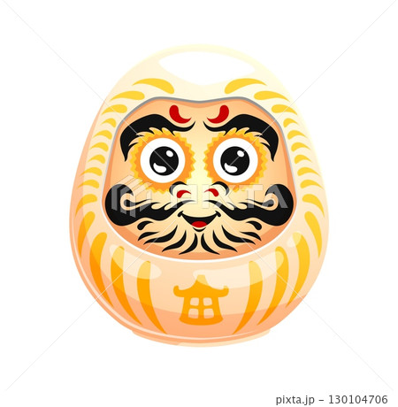 Japanese daruma doll with white funny face and symbol of Japan culture, vector talisman. White daruma doll with happy face and smile, symbol of calm, peace and evil protection in Japanese art 130104706
