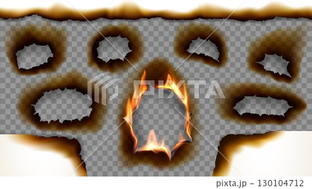 Realistic paper fire burn edges and hole with scorched borders and glowing fire flames effects. 3d vector gaps with burning blazing tongues on sheet. Torn and ripped frames isolated layouts set 130104712