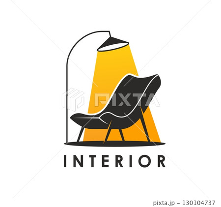 Home interior icon showcasing a stylish armchair with a glowing floor lamp in minimal flat style. Isolated vector emblem for home decor brands or interior design services evoke elegance and comfort 130104737