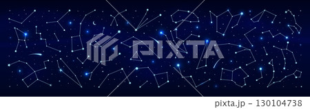 Border of blue star constellation. Night sky map, mystic astrology background. Vector pattern for astronomy, esoteric, tarot, magic and mystic horoscope. Chart of visible celestial objects positions Border of blue star constellation. Night sky map, mystic astrology background. Vector pattern for astronomy, esoteric, tarot, magic and mystic horoscope. Chart of visible celestial objects positions 130104738