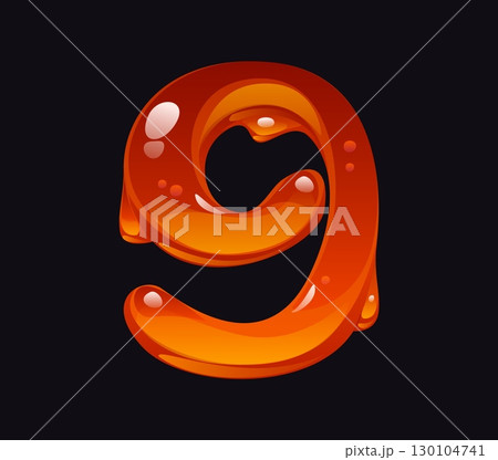 Sweet honey cartoon font digit 9 nine. Tasty amber flow math font number, cartoon vector alphabet typeface figure. Caramel ABC typeface digit or liquid honey mathematics type numeral symbol 130104741