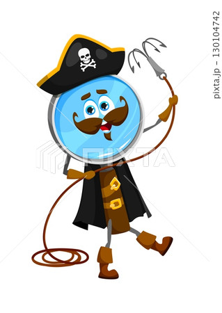 Cartoon loupe education school stationery pirate and corsair crew character with grappling hook. Isolated vector magnifying glass supply personage in tricorn hat, ready for adventure on the high seas 130104742