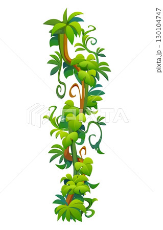 Vertical tropical jungle rain forest liana vine branch wrapped in lush green leaves and twisting tendrils. Cartoon vector hanging roots for game environments, tropical or exotic adventure landscapes 130104747