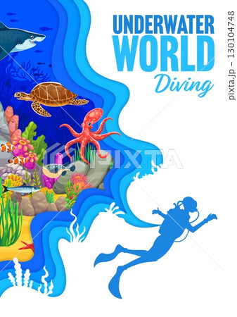 Diver silhouette at underwater landscape, paper cut banner. Ocean and sea world with fish, shark, coral reefs, and various marine creatures, providing breathtaking and immersive experience for diving 130104748