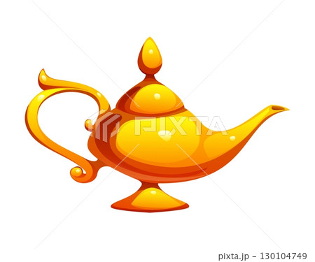 Cartoon ancient golden genie lamp, isolated vector glossy Egypt game icon asset, vintage Egyptian symbol and treasure for fantasy adventure, magic or Arabian stories, mystical artefact or relic 130104749