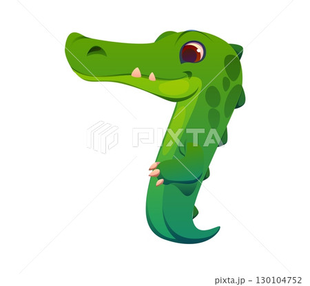 Number seven math symbol as funny cartoon alligator animal character. Crocodile kids alphabet zoo mascot font, children typeface, letter type. Cute abc for children mathematics learning and games 130104752