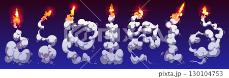 Cartoon rocket smoke trails game asset with dynamic fire and clouds in looping shapes. Vector space jet flames, airplane or shuttle contrails, missile path, explosion trail with thick swirling smoke Cartoon rocket smoke trails game asset with dynamic fire and clouds in looping shapes. Vector space jet flames, airplane or shuttle contrails, missile path, explosion trail with thick swirling smoke 130104753