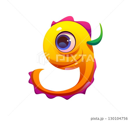 Bizarre monster character font digit 9 nine. Strange bugaboo, bogle personage mathematics font digit, Halloween scarecrow cartoon vector alphabet type number. Spooky creature kids ABC typeface figure 130104756