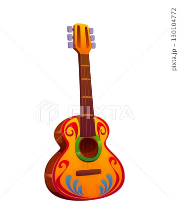 Brazil carnival party acoustic guitar. Cartoon vector stringed musical instrument with a warm wooden texture, red and blue ornamental patterns, traditional guitarron for Latin American flamenco music Brazil carnival party acoustic guitar. Cartoon vector stringed musical instrument with a warm wooden texture, red and blue ornamental patterns, traditional guitarron for Latin American flamenco music 130104772